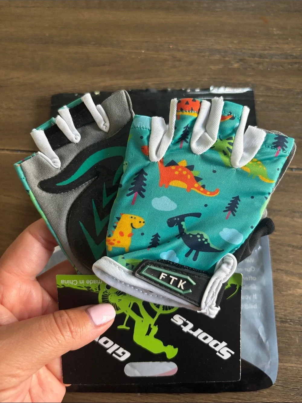 GLO jeans Kids Cycling Mittens with Teal Dinosaur Print